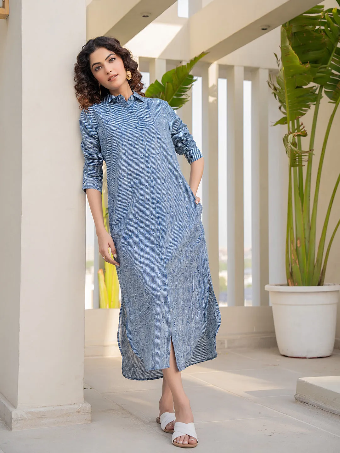 Strap Collar Indigo Blue Tunic Dress
