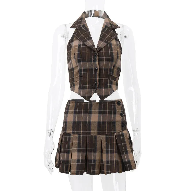 Summer Plaid Top And Skirt Set Women's Suit Y2k Clothing Vintage Brown Button Sexy Mini Pleated 2 Piece Sets Outfit Streetwear