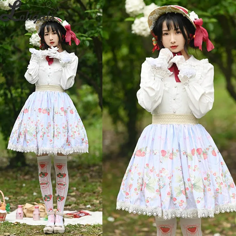 Sweet Short Skirt Mori Girl Strawberry Printed A line Lolita Skirt