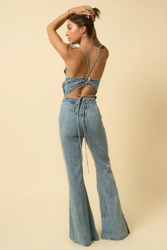 TEEK - MEDIUM WASH SIDE SLIT BACKLESS JUMPSUIT