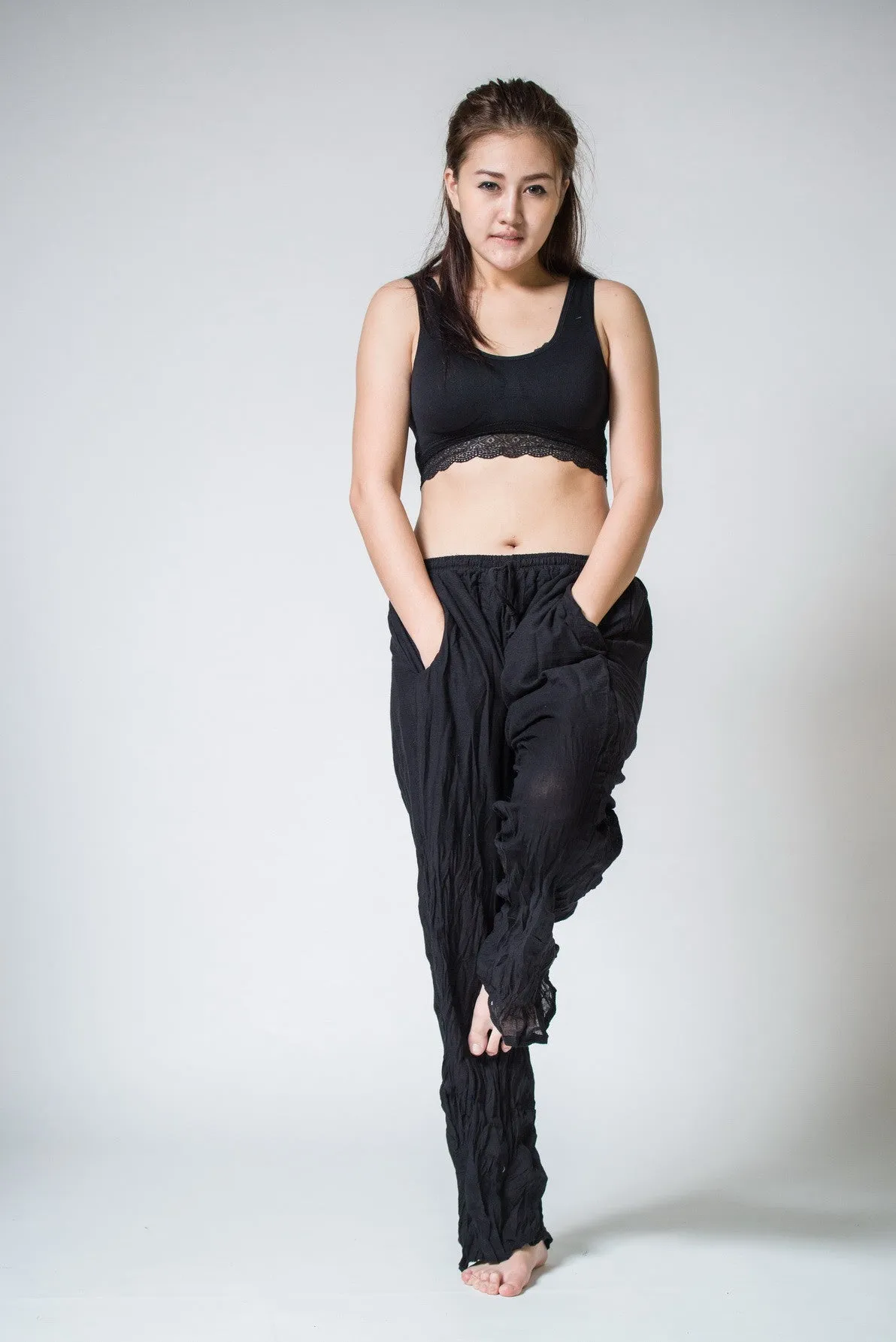 Thai Organic Cotton Wide Leg Crinkled Drawstring Pants Black