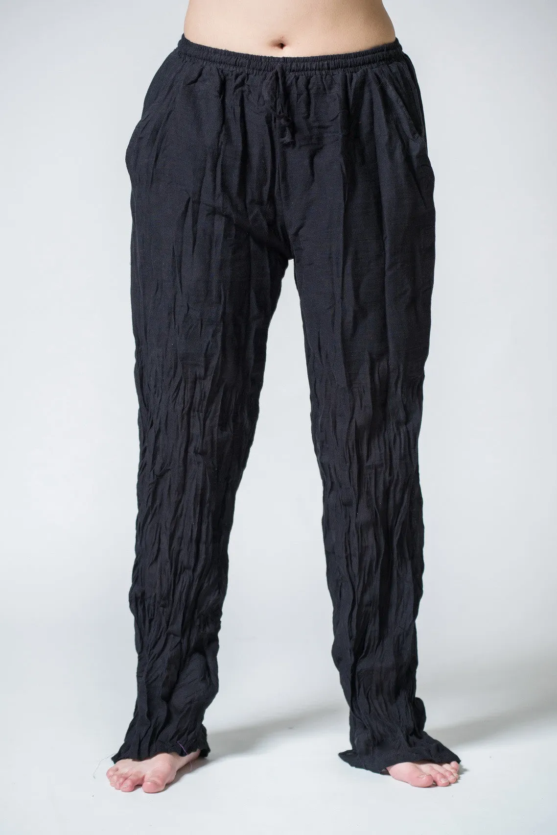 Thai Organic Cotton Wide Leg Crinkled Drawstring Pants Black