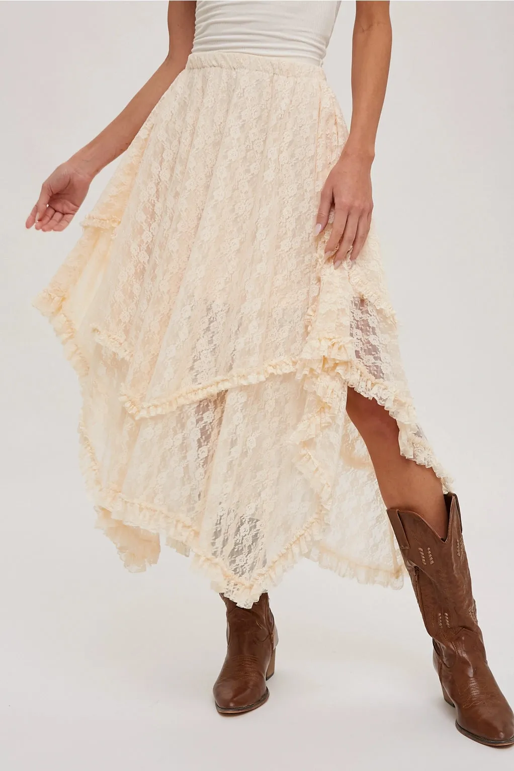 The Nova Lace Tiered Midi Skirt - Ecru