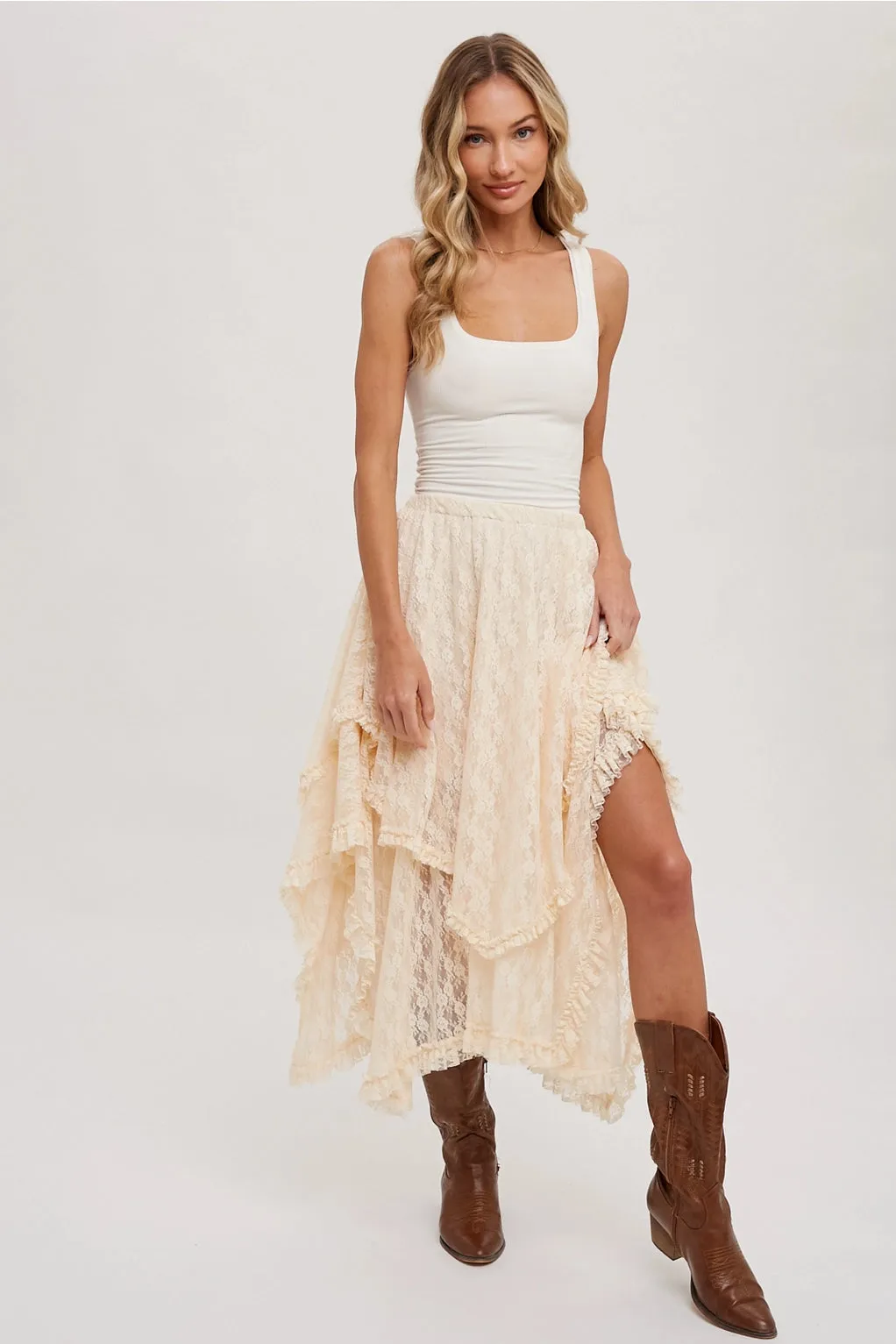 The Nova Lace Tiered Midi Skirt - Ecru