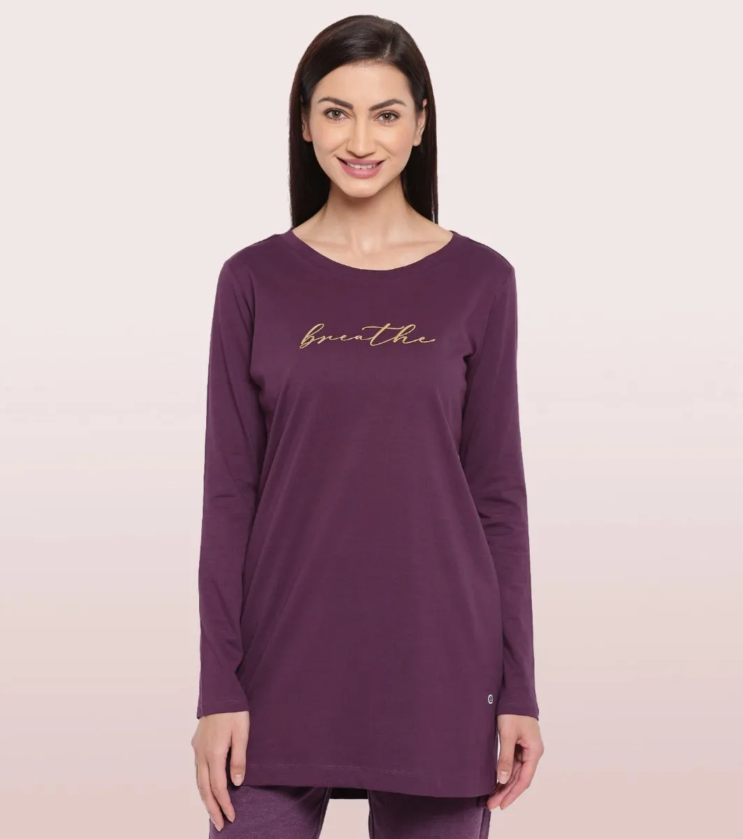 Tunic Tee – Solid | Long Sleeve Tunic Tee With Side Slit & Mindful Graphic