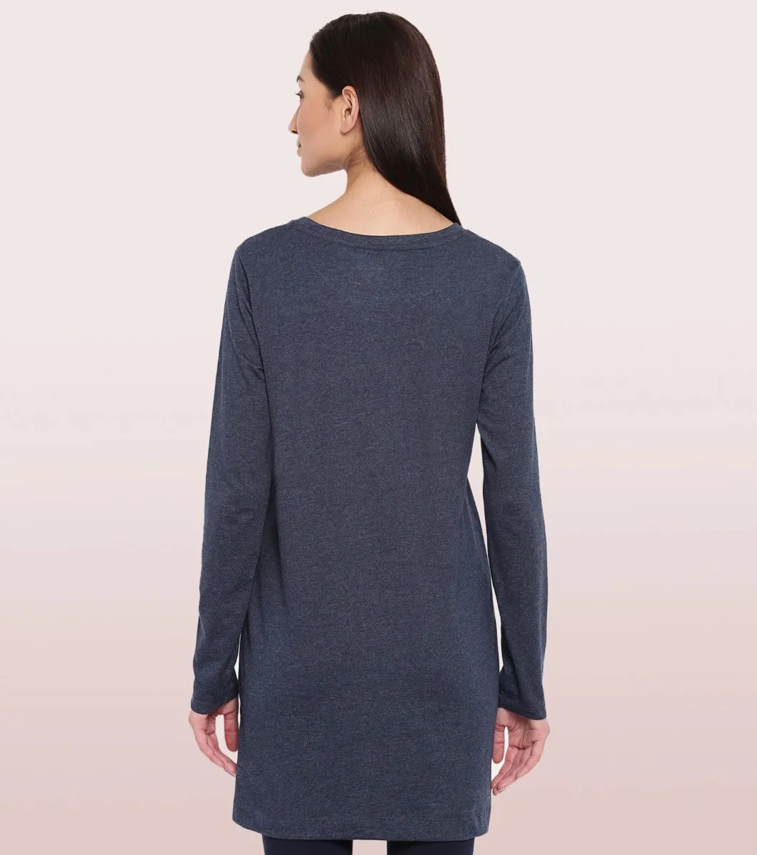 Tunic Tee – Solid | Long Sleeve Tunic Tee With Side Slit & Mindful Graphic