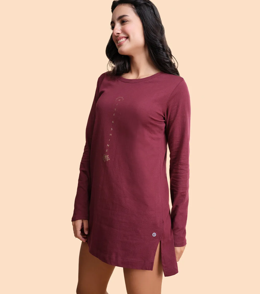 Tunic Tee – Solid | Long Sleeve Tunic Tee With Side Slit & Mindful Graphic