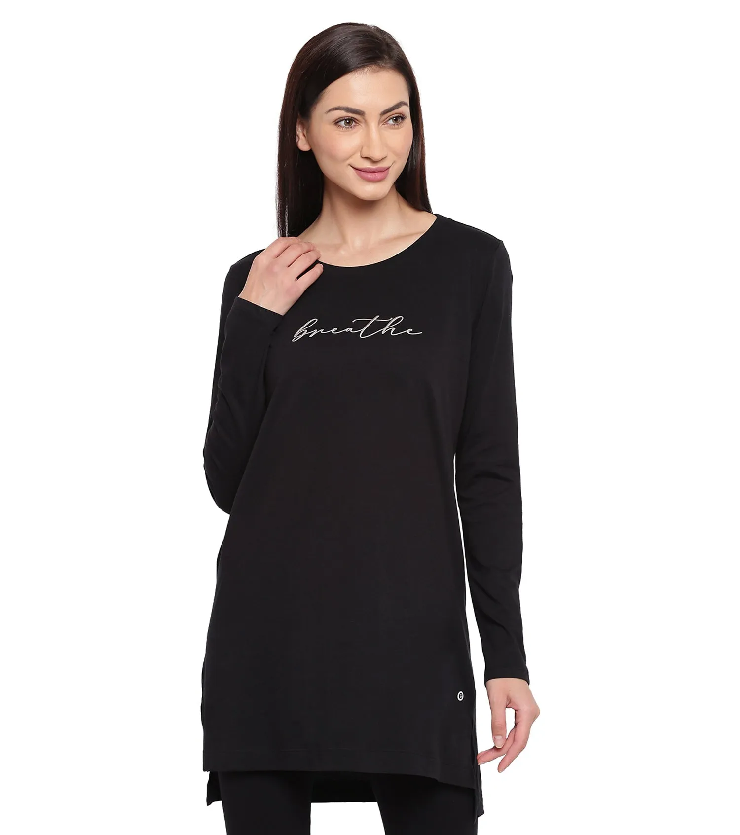 Tunic Tee – Solid | Long Sleeve Tunic Tee With Side Slit & Mindful Graphic