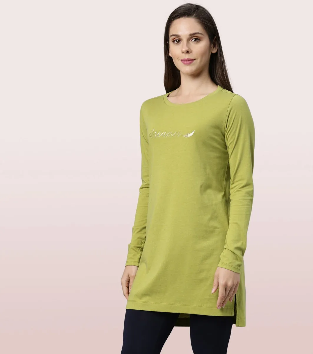 Tunic Tee – Solid | Long Sleeve Tunic Tee With Side Slit & Mindful Graphic