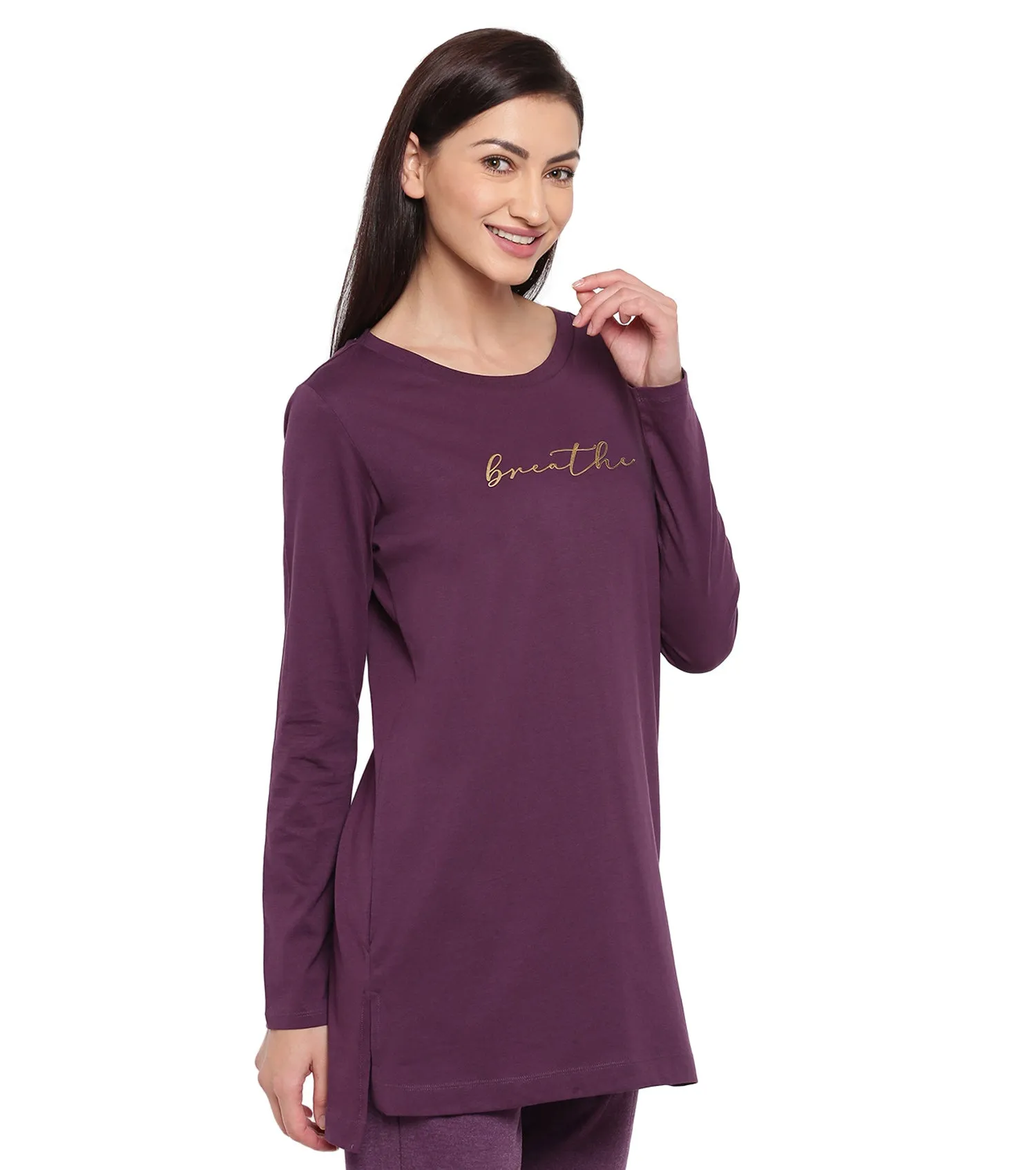 Tunic Tee – Solid | Long Sleeve Tunic Tee With Side Slit & Mindful Graphic