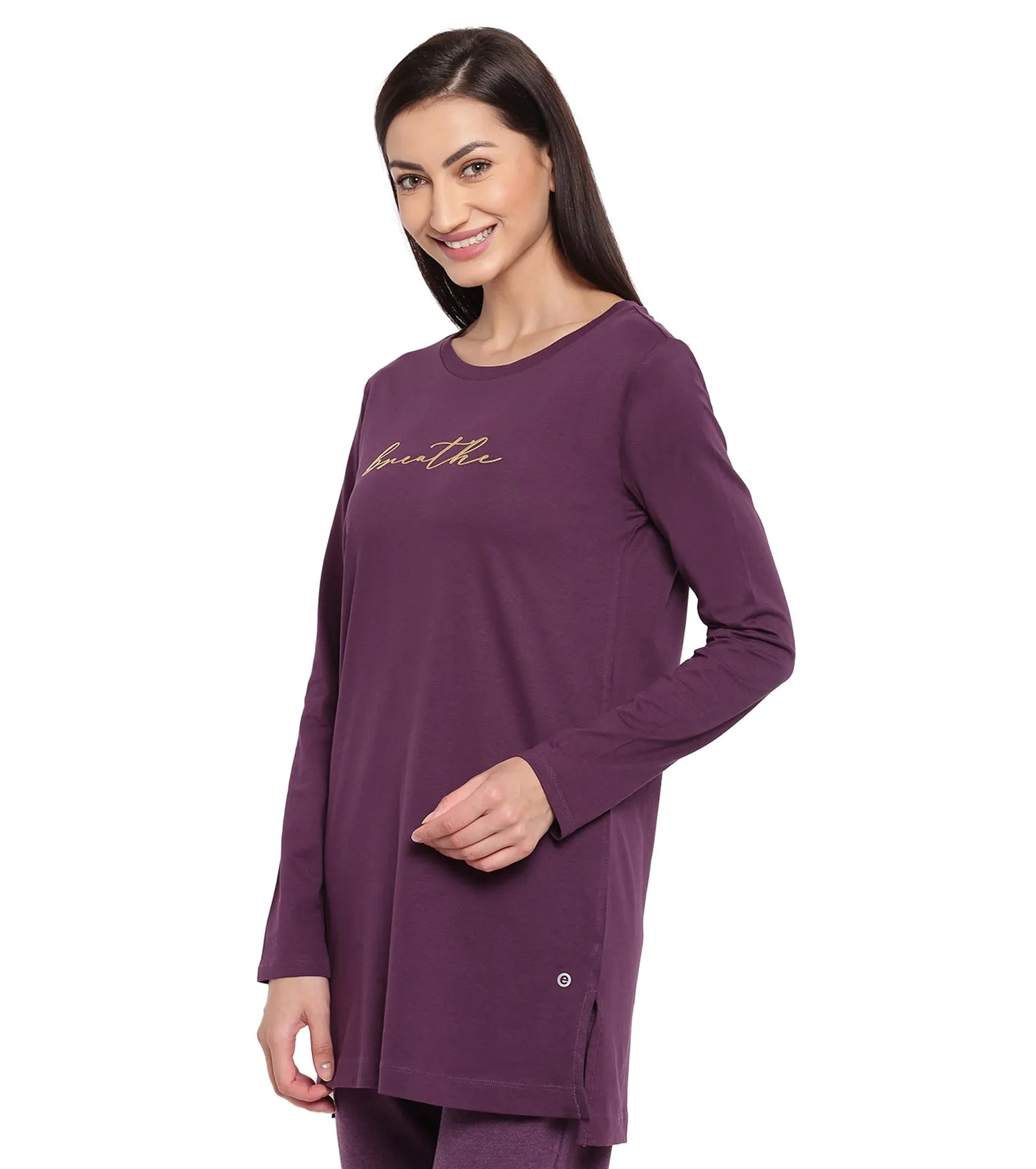 Tunic Tee – Solid | Long Sleeve Tunic Tee With Side Slit & Mindful Graphic