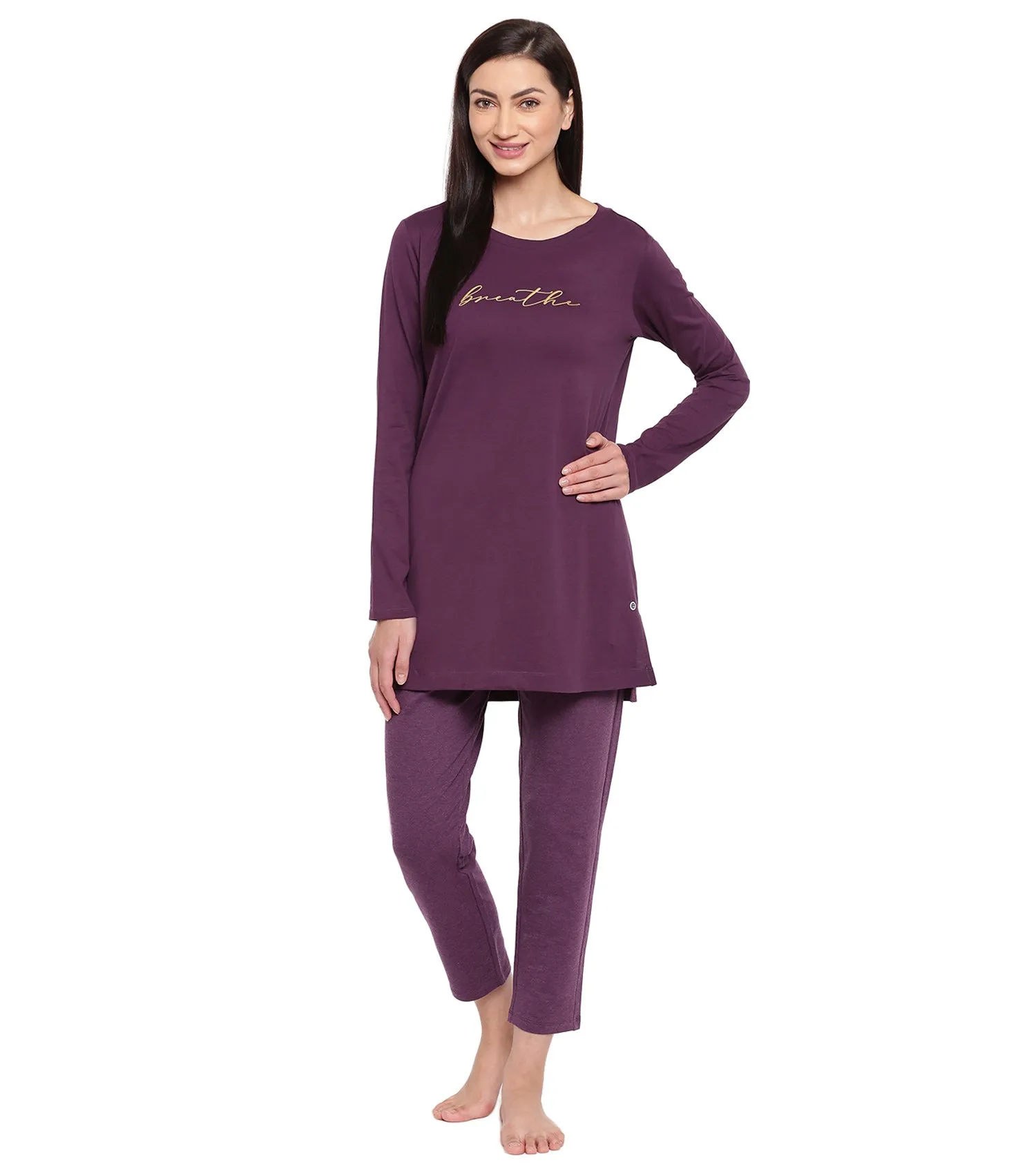 Tunic Tee – Solid | Long Sleeve Tunic Tee With Side Slit & Mindful Graphic