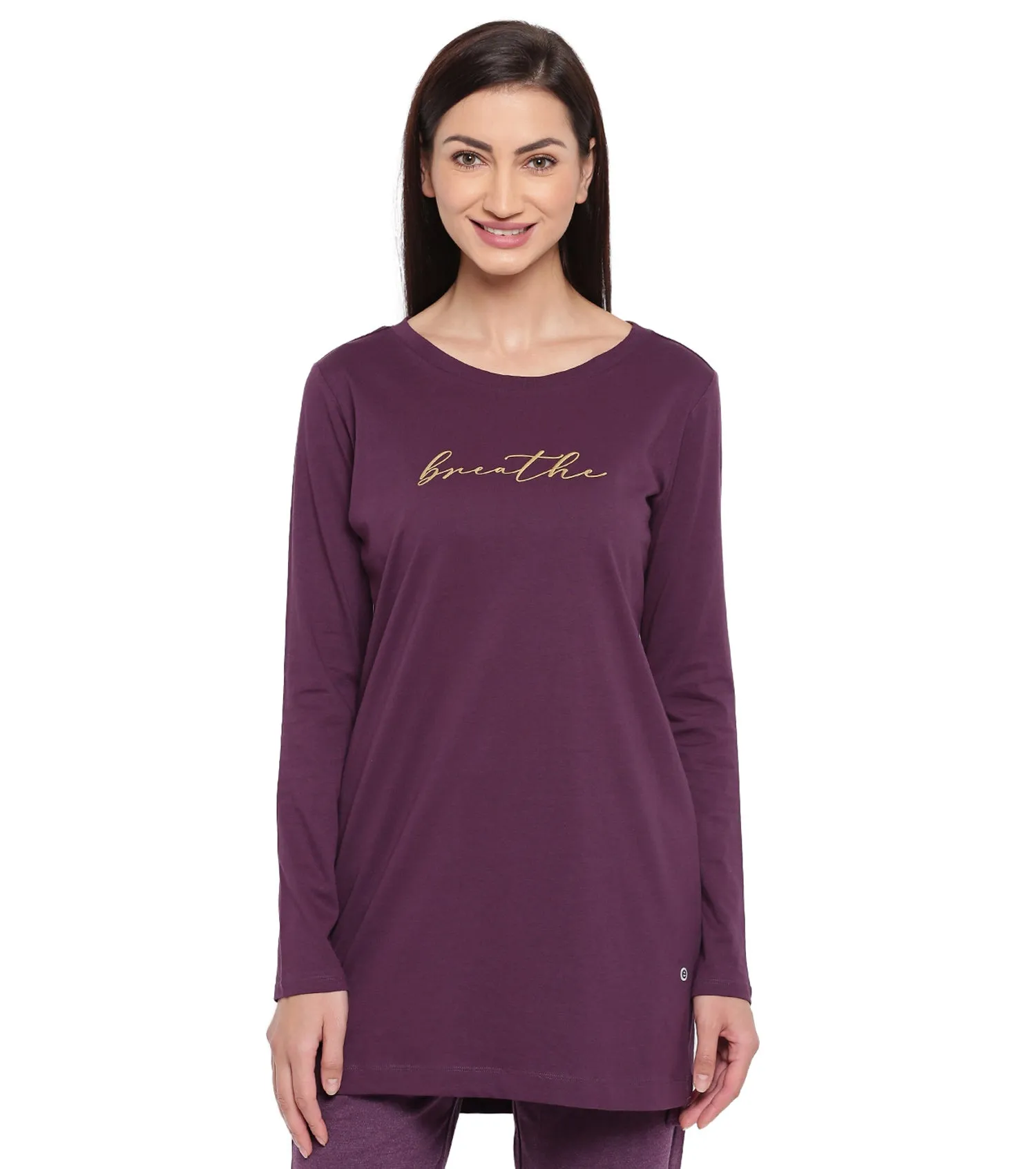 Tunic Tee – Solid | Long Sleeve Tunic Tee With Side Slit & Mindful Graphic