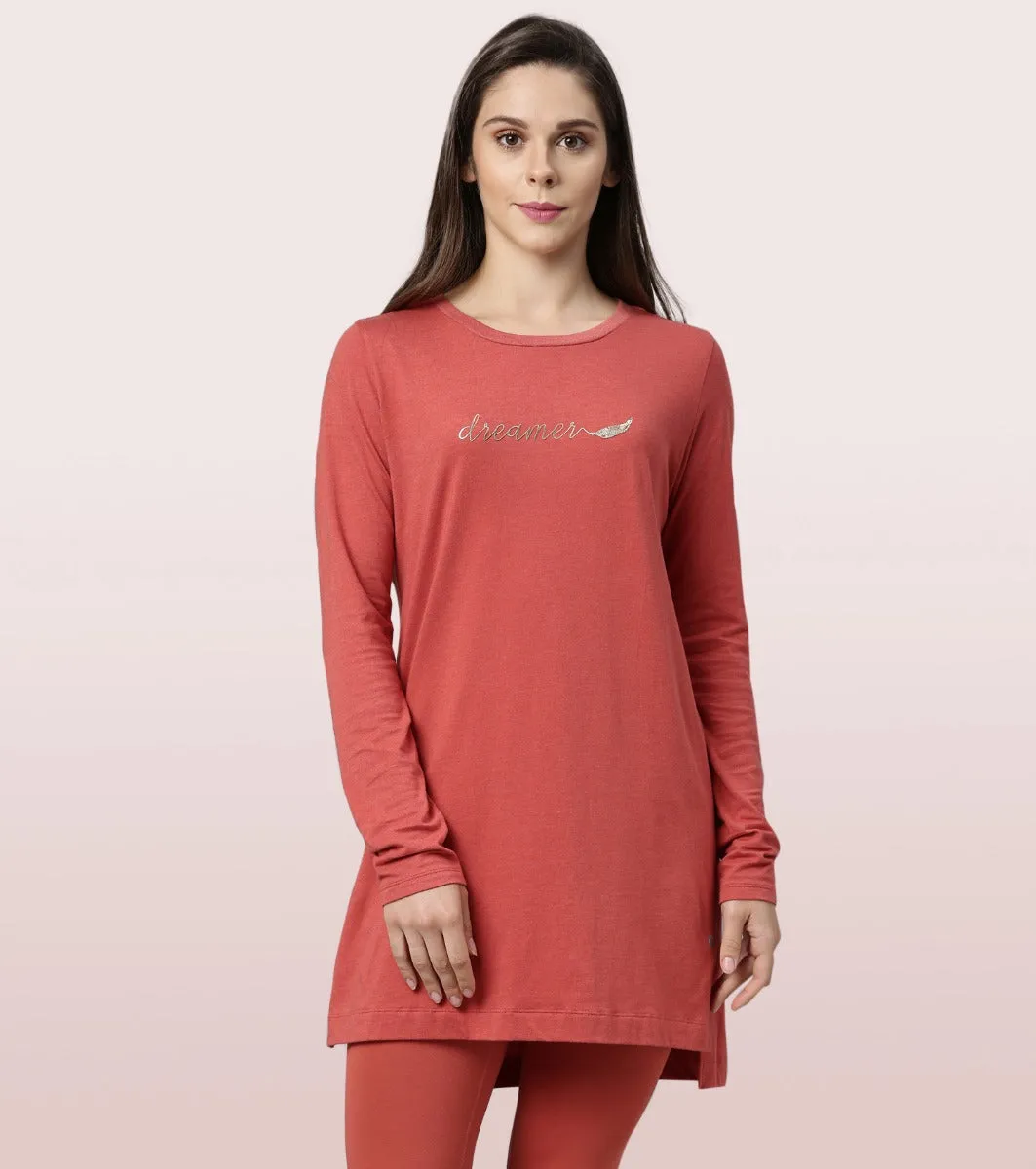 Tunic Tee – Solid | Long Sleeve Tunic Tee With Side Slit & Mindful Graphic