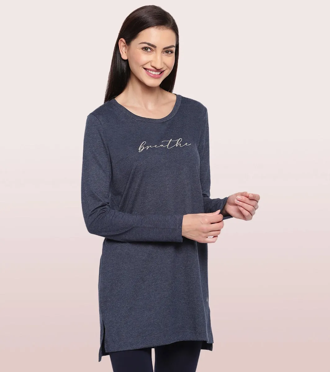 Tunic Tee – Solid | Long Sleeve Tunic Tee With Side Slit & Mindful Graphic