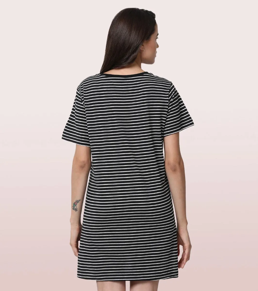 Tunic Tee - Striped | Short Sleeve Tunic Tee With Side Slit & Mindful Graphic