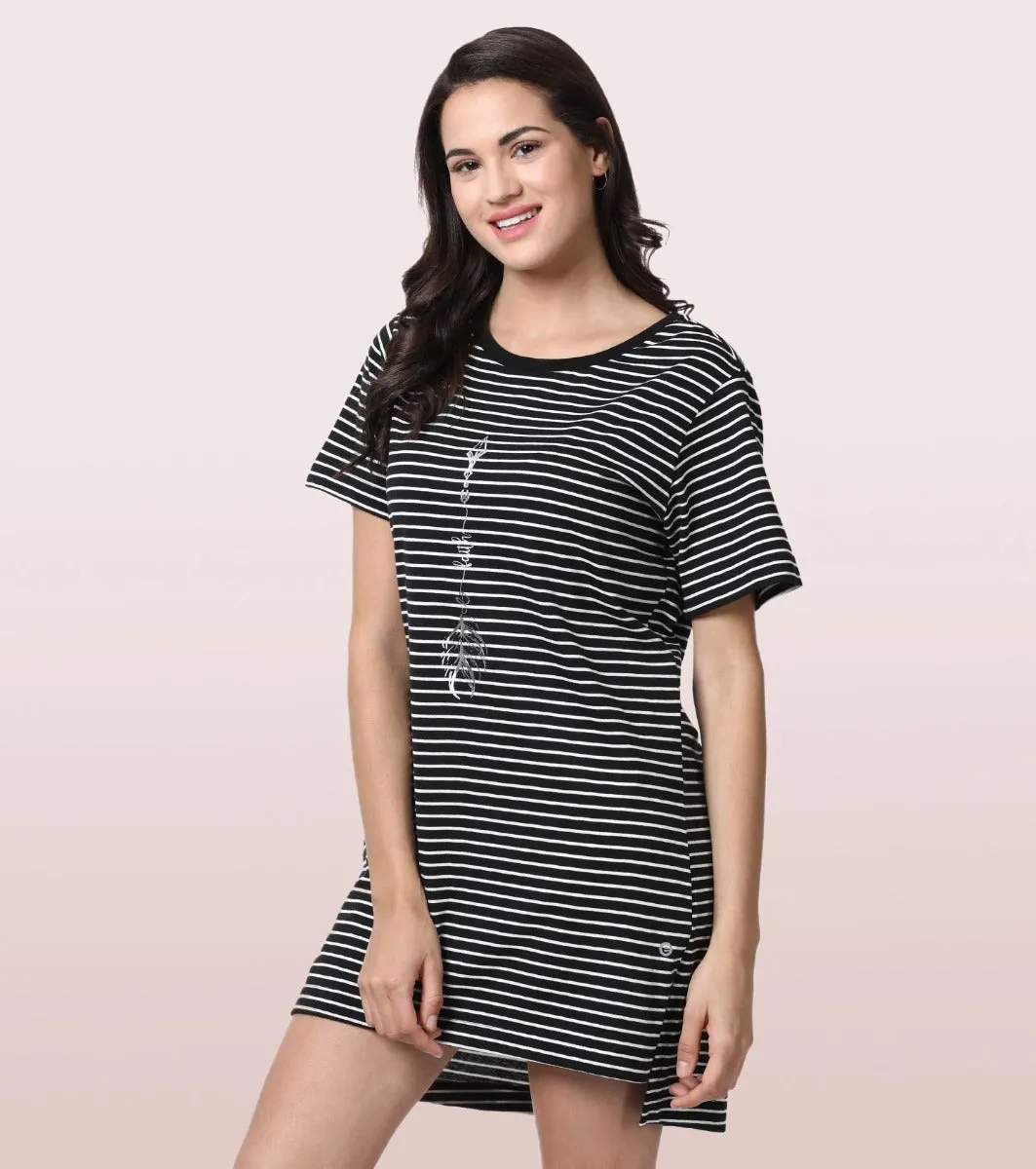 Tunic Tee - Striped | Short Sleeve Tunic Tee With Side Slit & Mindful Graphic