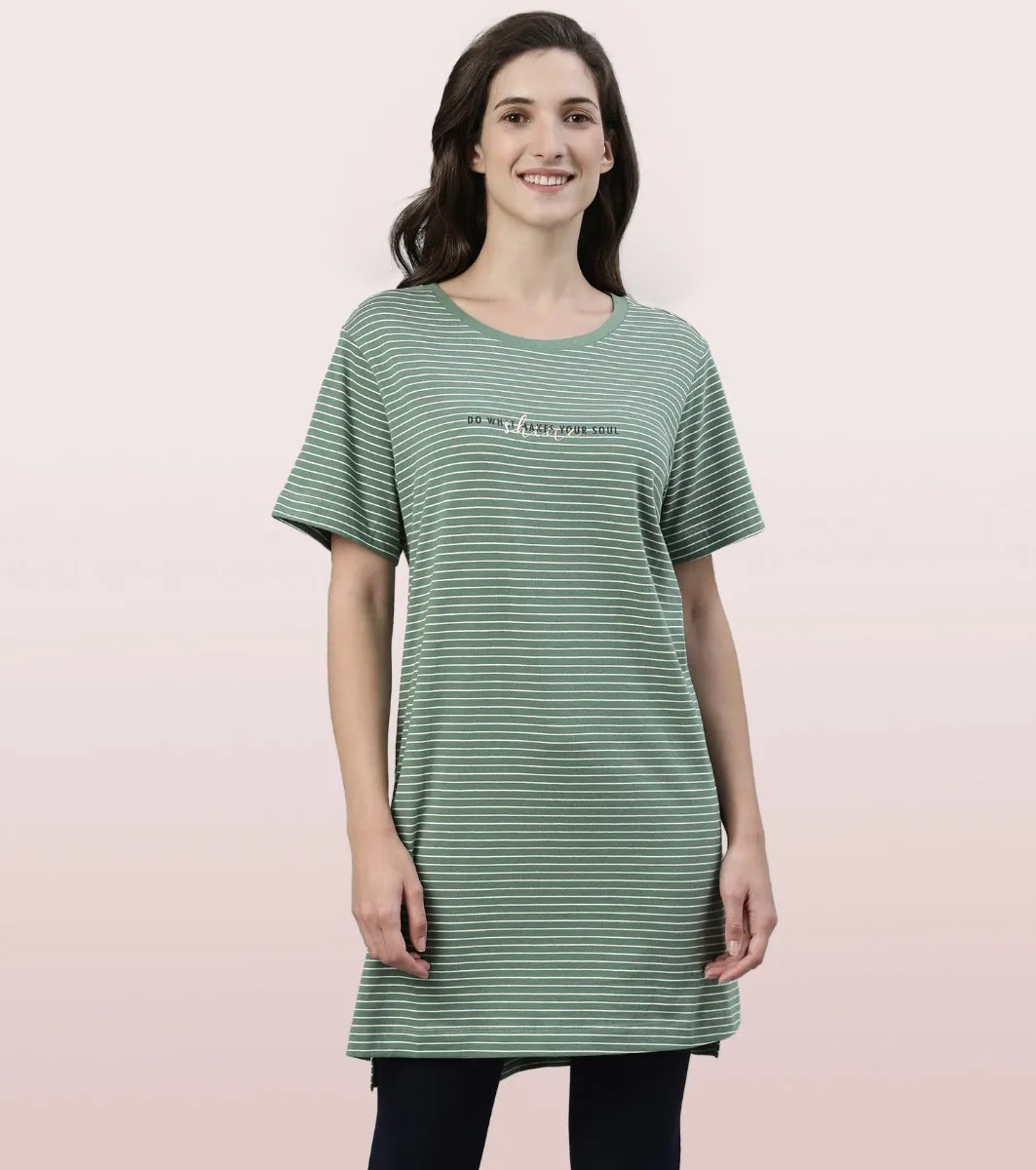 Tunic Tee – Stripes | Short Sleeve Tunic Tee With Side Slit & Mindful Graphic