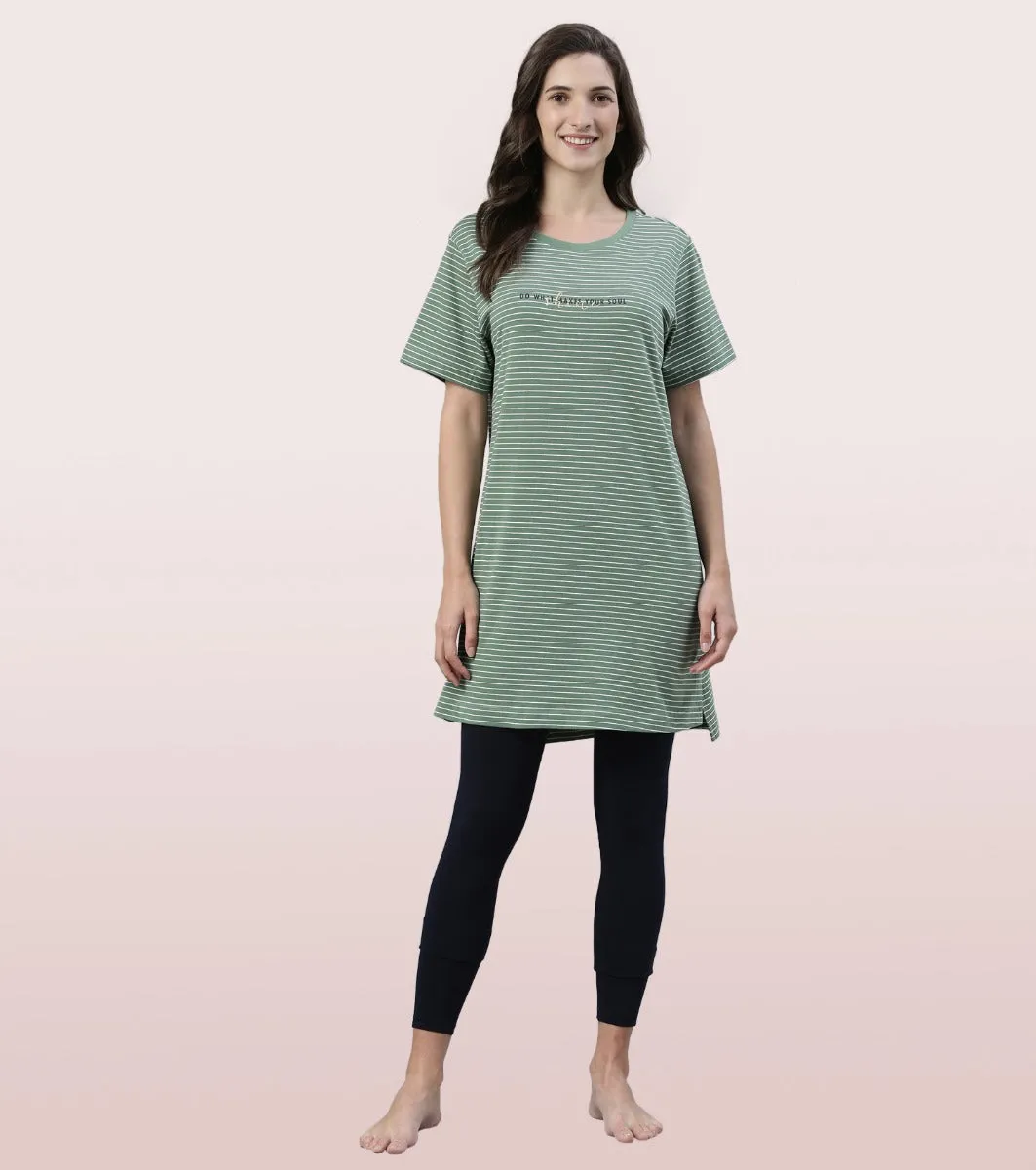 Tunic Tee – Stripes | Short Sleeve Tunic Tee With Side Slit & Mindful Graphic