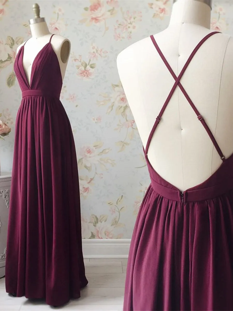 V Neck Backless Chiffon Long Burgundy Prom, Backless Burgundy Formal, Burgundy Evening