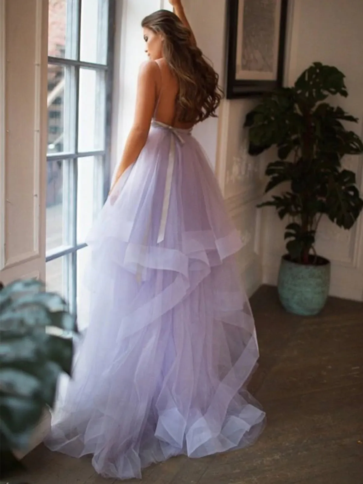 V Neck Backless Purple Tulle Long Prom Dresses with Belt, Backless Purple Formal Graduation Evening Dresses