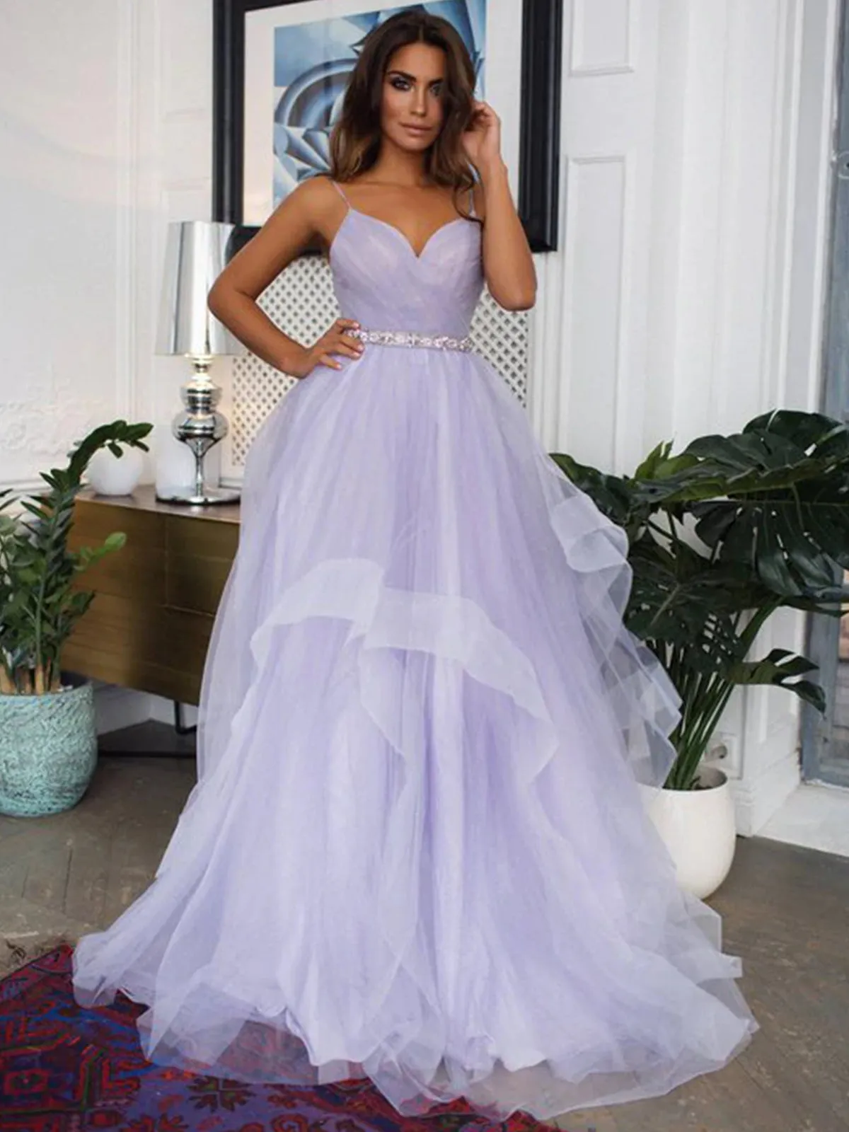 V Neck Backless Purple Tulle Long Prom Dresses with Belt, Backless Purple Formal Graduation Evening Dresses