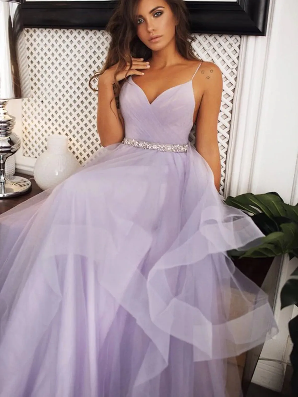 V Neck Backless Purple Tulle Long Prom Dresses with Belt, Backless Purple Formal Graduation Evening Dresses