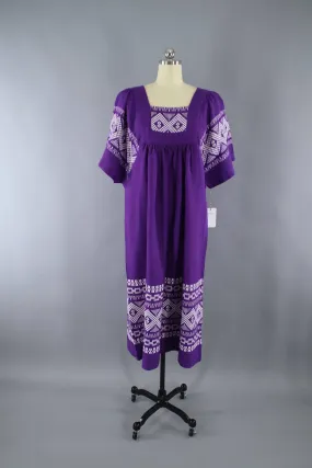 Vintage 1970s Embroidered Mexican Maxi Dress / Purple & White Caftan