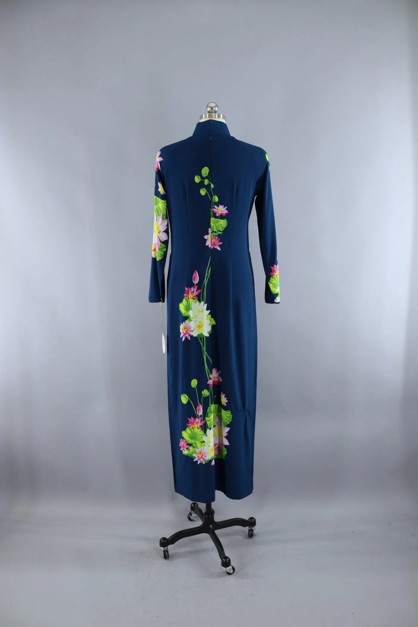 Vintage 1970s Vietnamese Ao Dai Dress / Peacock Blue Lotus Floral Print