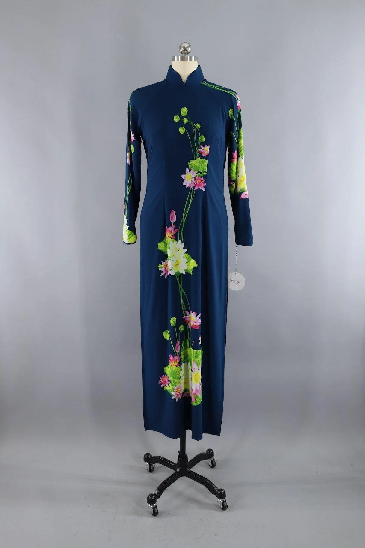 Vintage 1970s Vietnamese Ao Dai Dress / Peacock Blue Lotus Floral Print