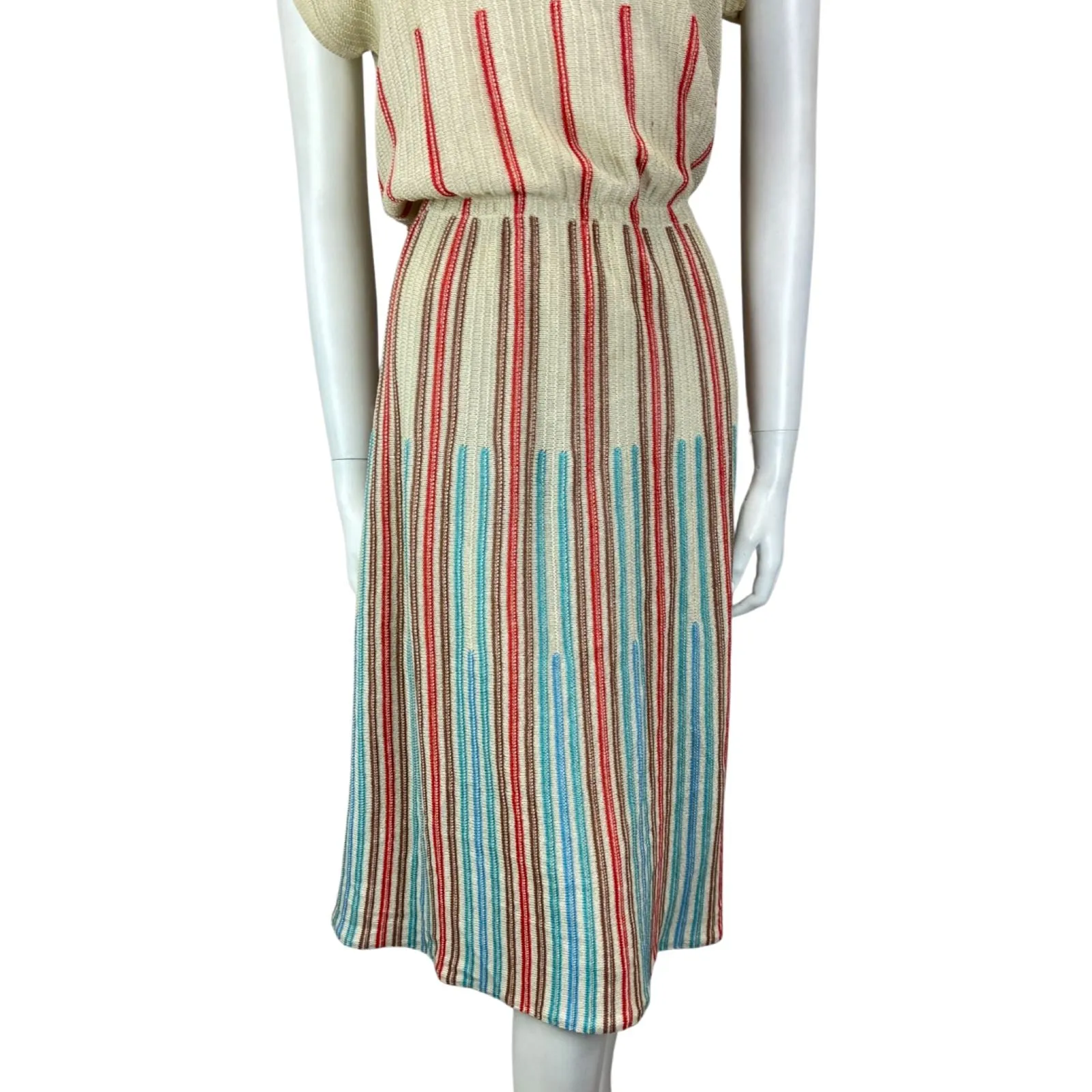 Vintage 80s Cream Red Blue Ribbed Knitted Striped Midi Dress S