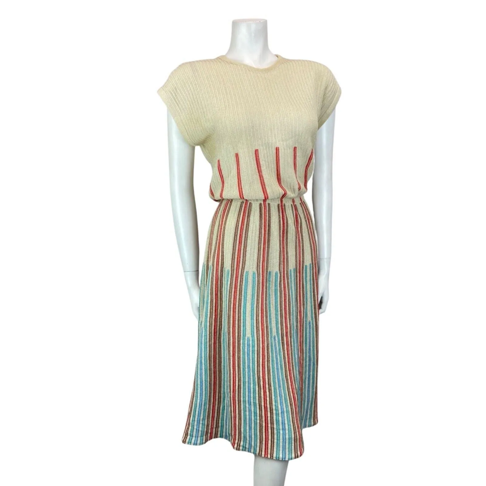 Vintage 80s Cream Red Blue Ribbed Knitted Striped Midi Dress S