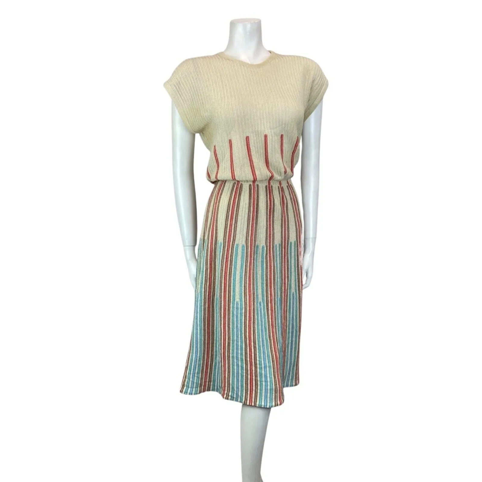 Vintage 80s Cream Red Blue Ribbed Knitted Striped Midi Dress S