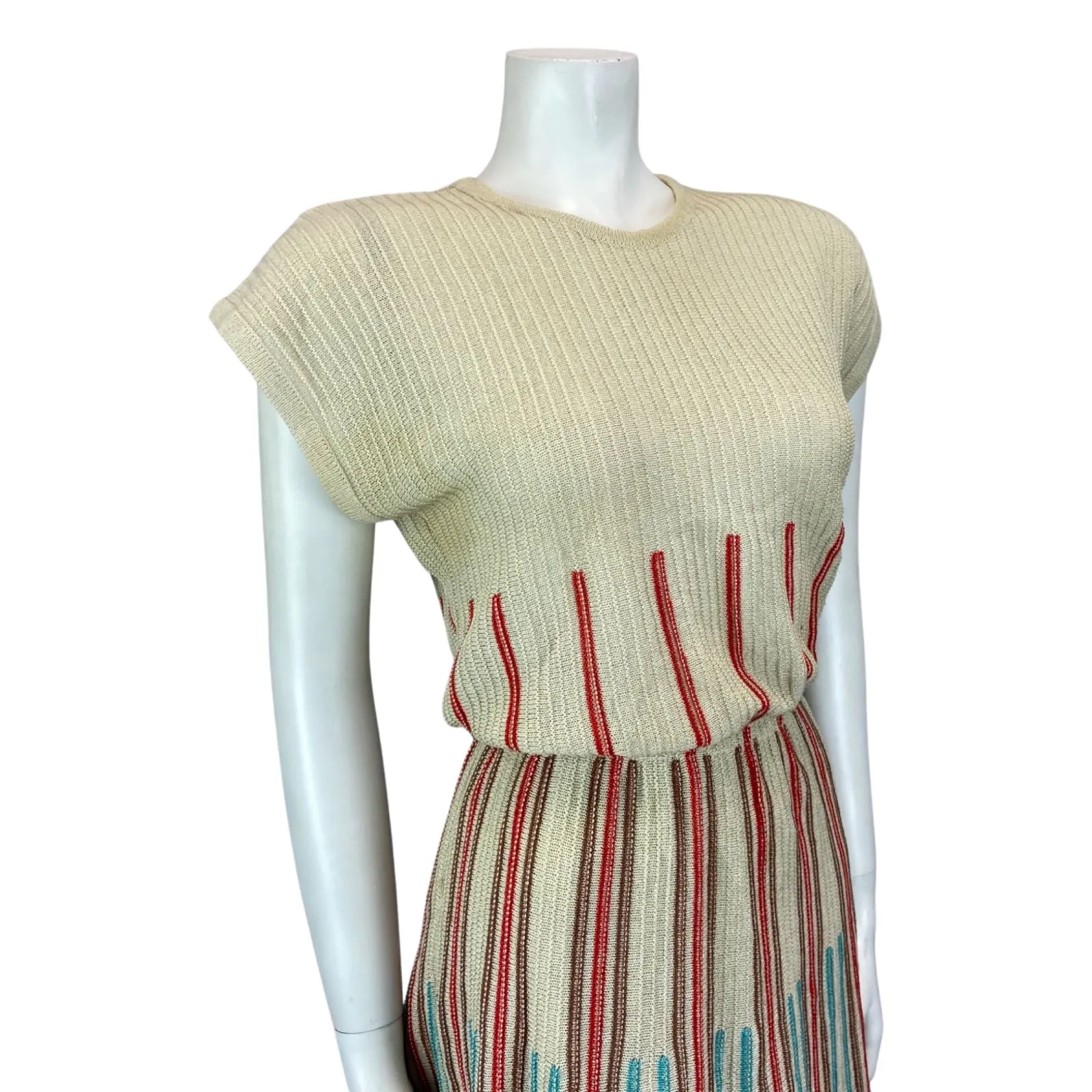 Vintage 80s Cream Red Blue Ribbed Knitted Striped Midi Dress S