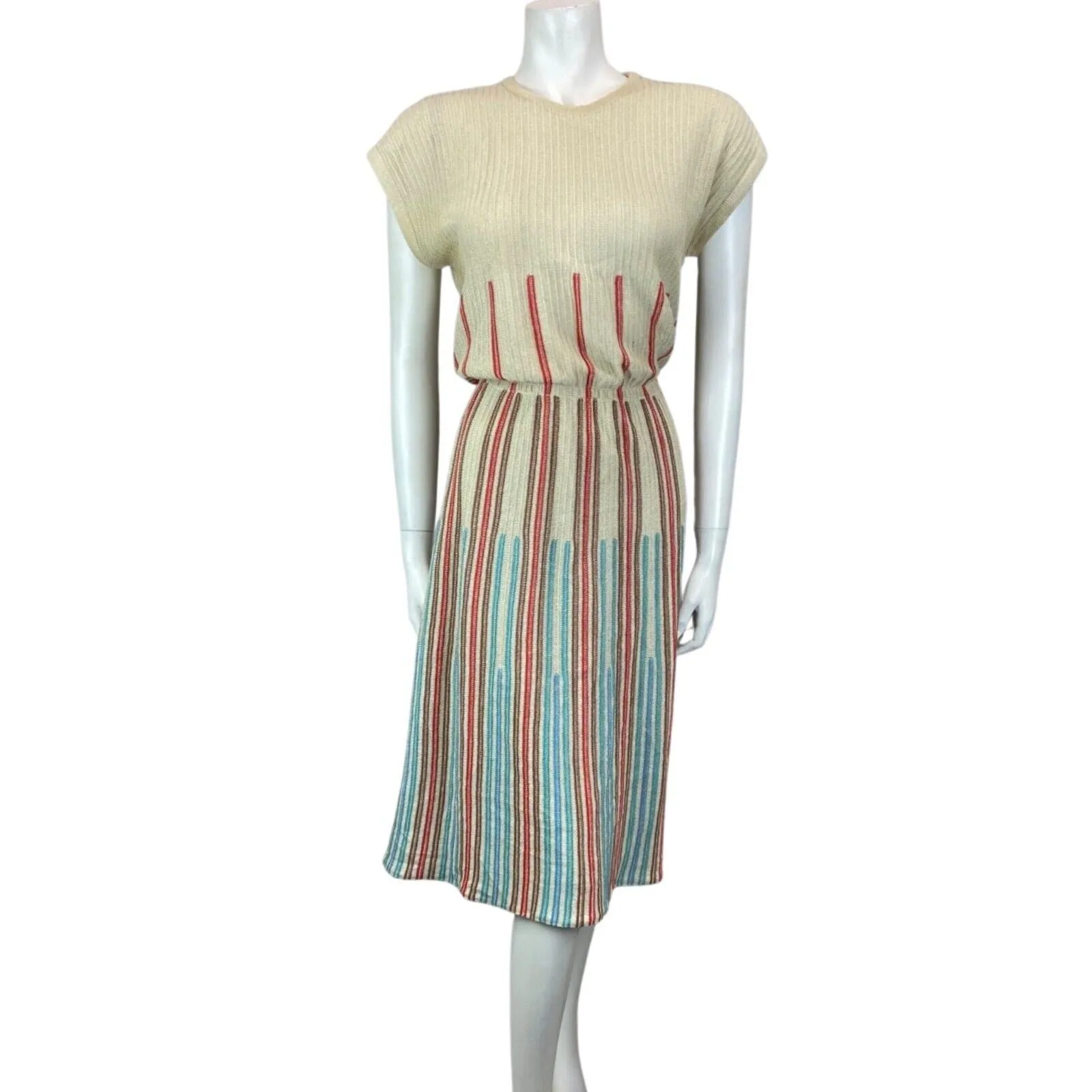 Vintage 80s Cream Red Blue Ribbed Knitted Striped Midi Dress S