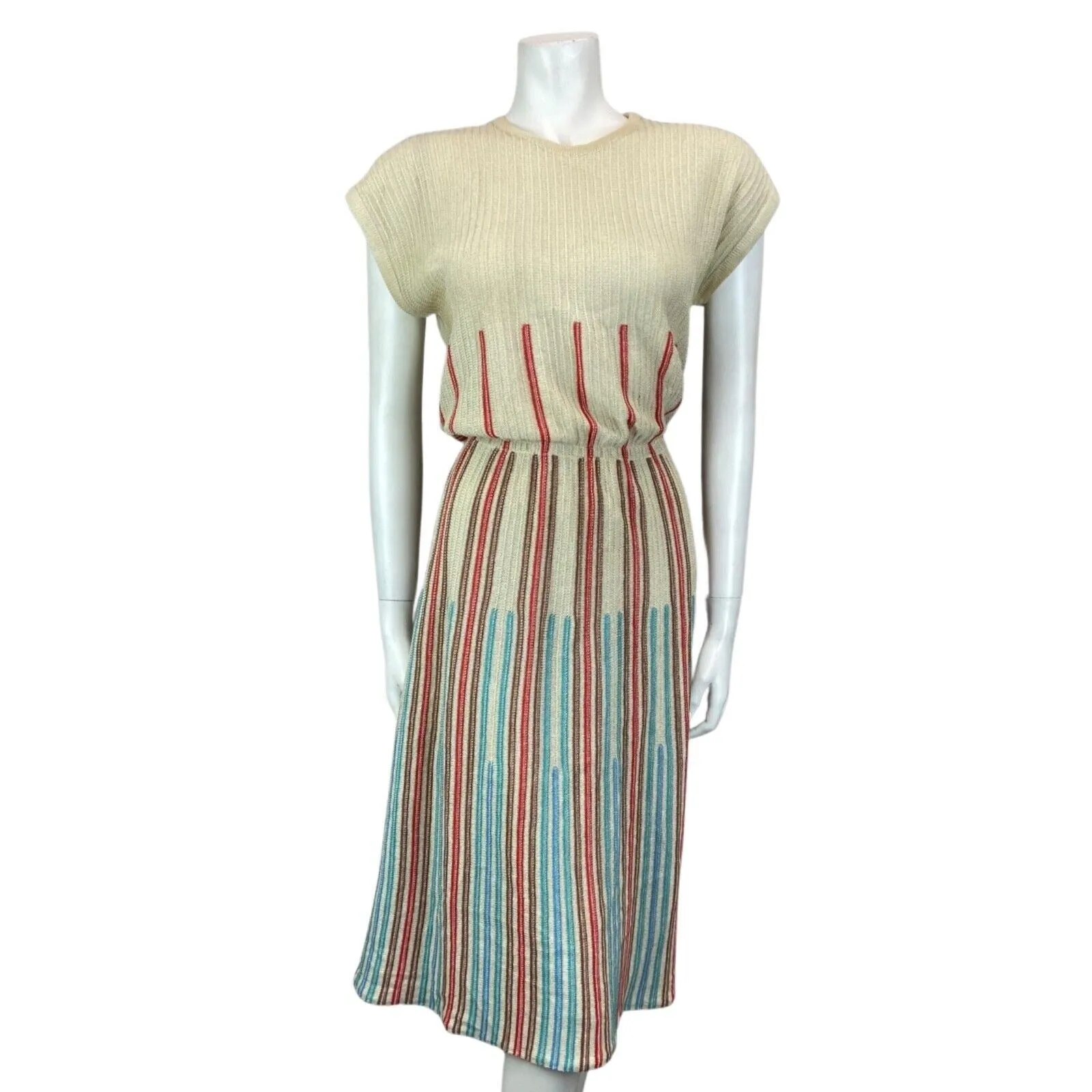 Vintage 80s Cream Red Blue Ribbed Knitted Striped Midi Dress S