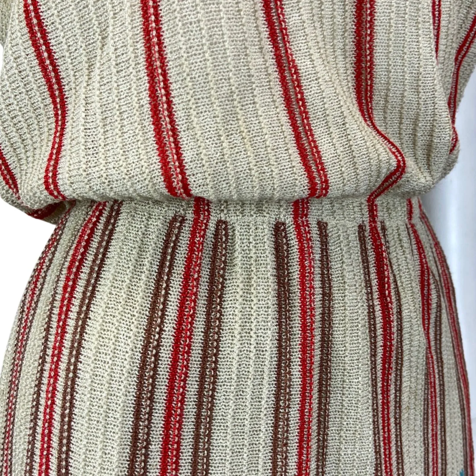 Vintage 80s Cream Red Blue Ribbed Knitted Striped Midi Dress S