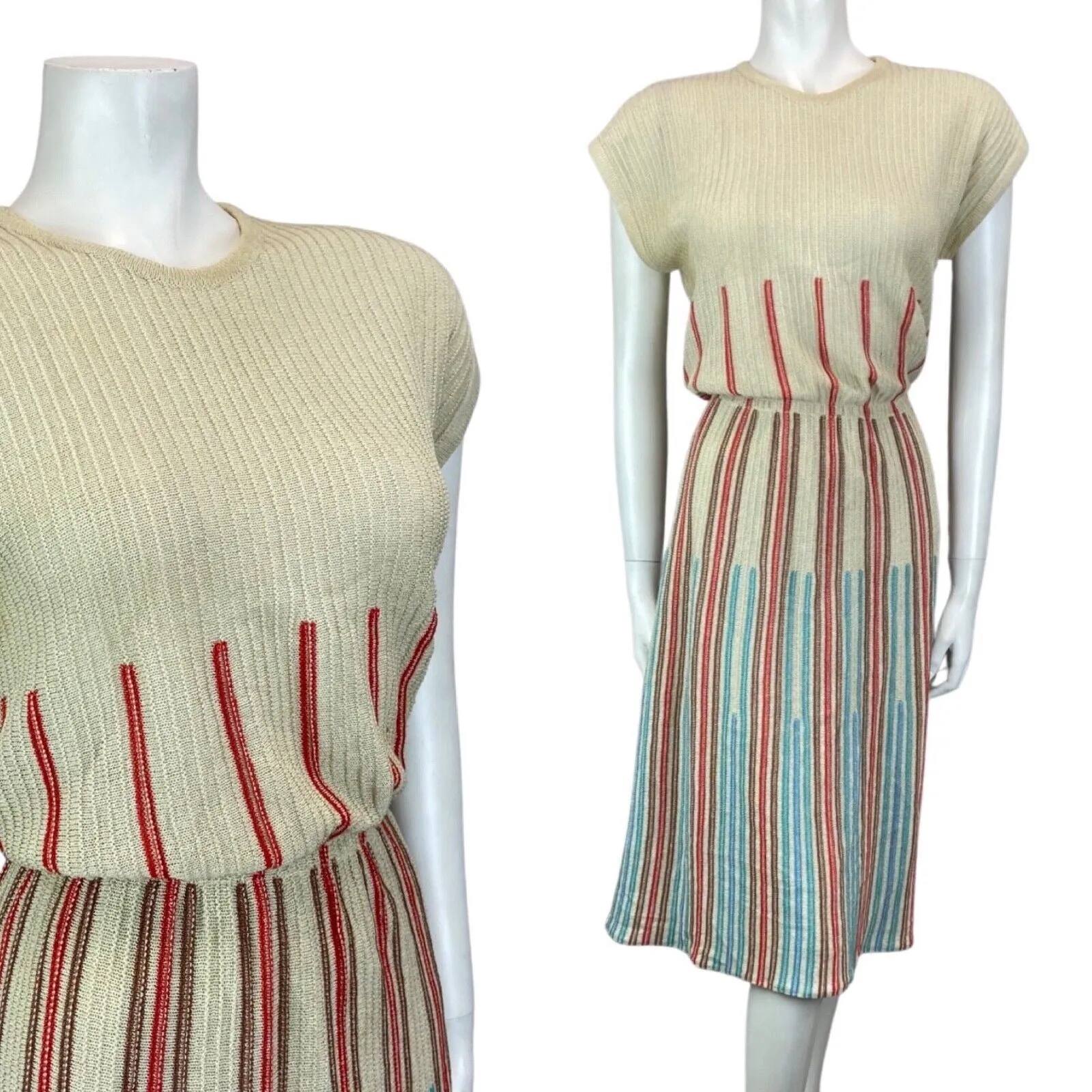 Vintage 80s Cream Red Blue Ribbed Knitted Striped Midi Dress S