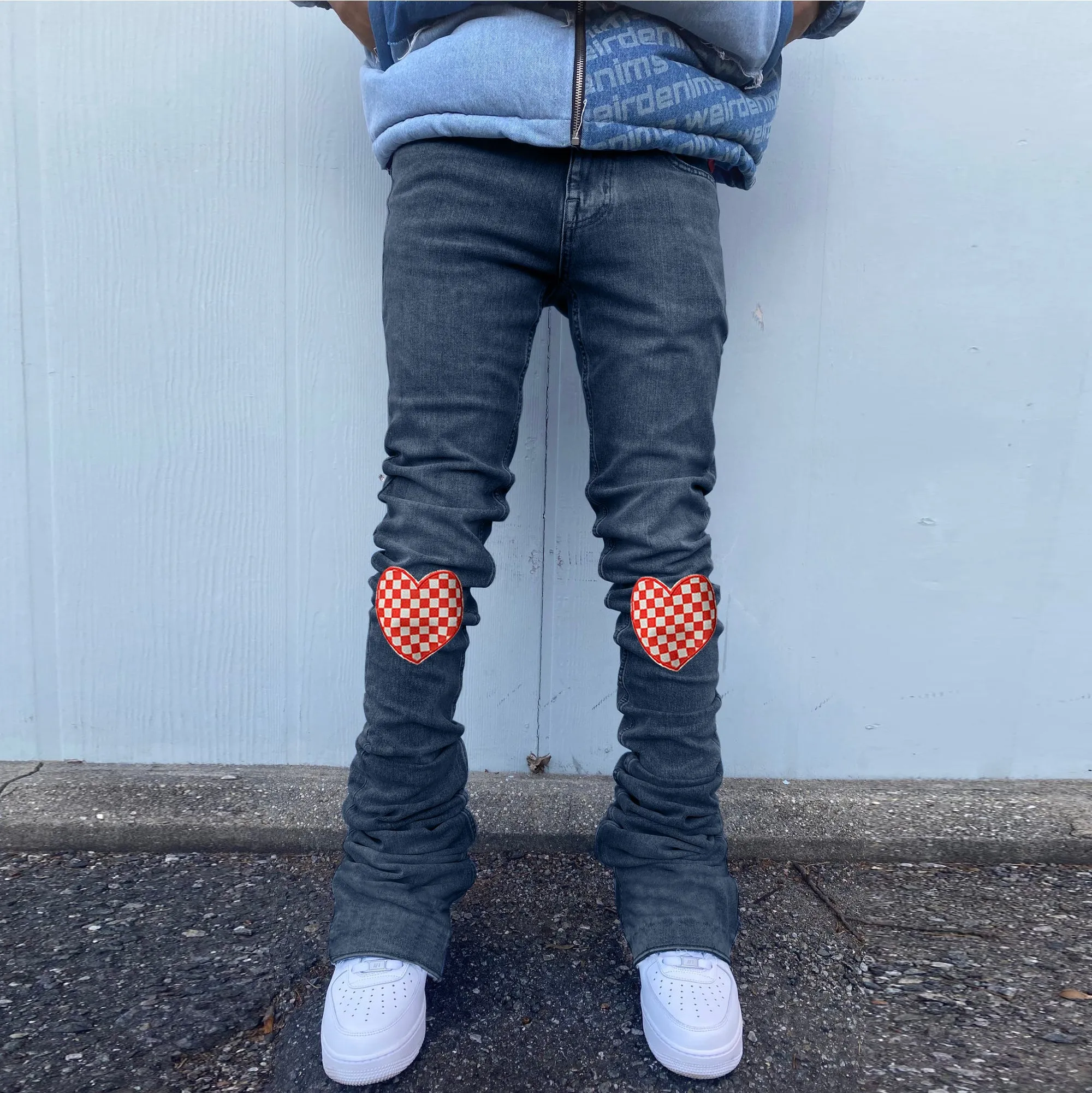 Vintage Street Love Sticker Straight-Leg Checkerboard Jeans