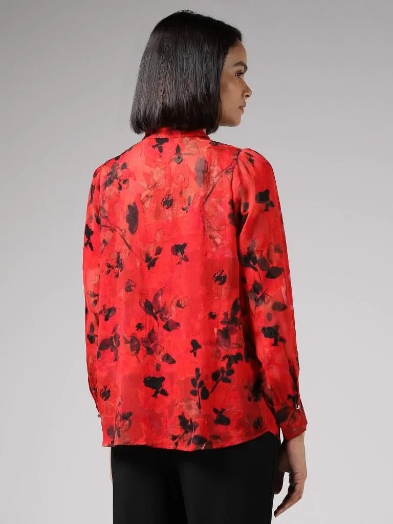 Wardrobe Floral Printed Red Top with Camisole & Neck Tie