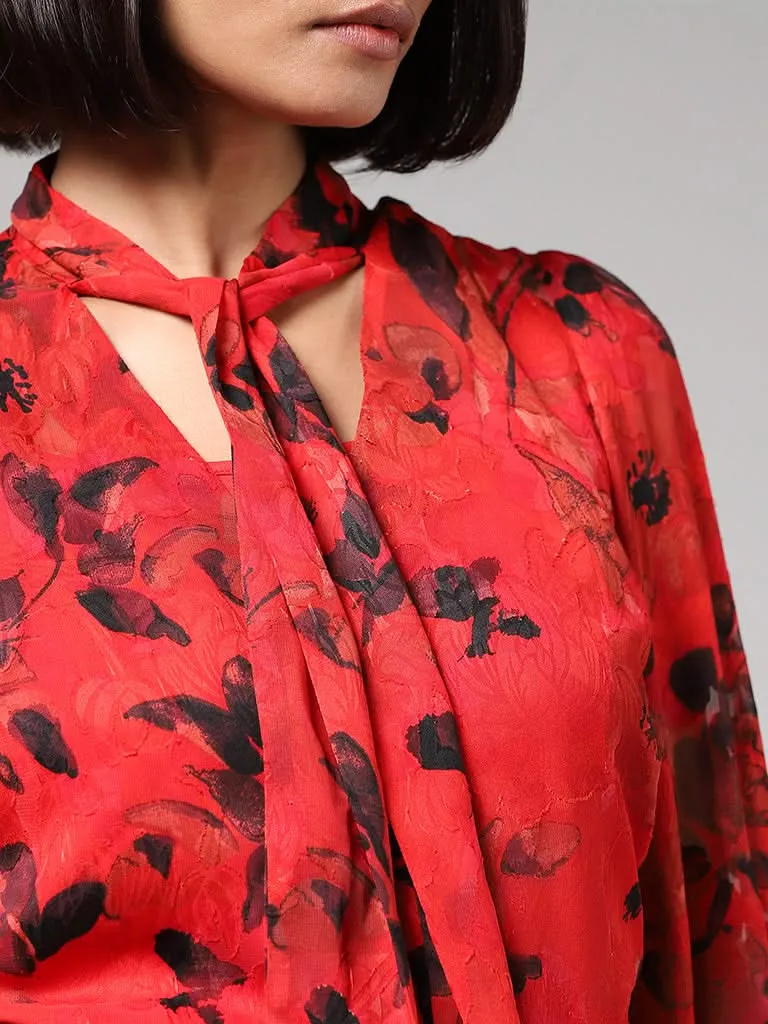 Wardrobe Floral Printed Red Top with Camisole & Neck Tie