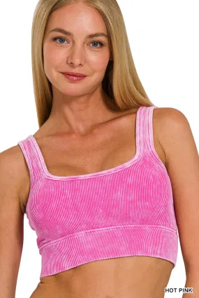 Washed Ribbed Square Neck Crop Bra