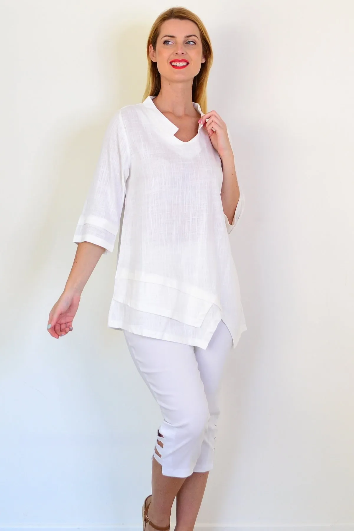 White Linen Blend Tunic Top