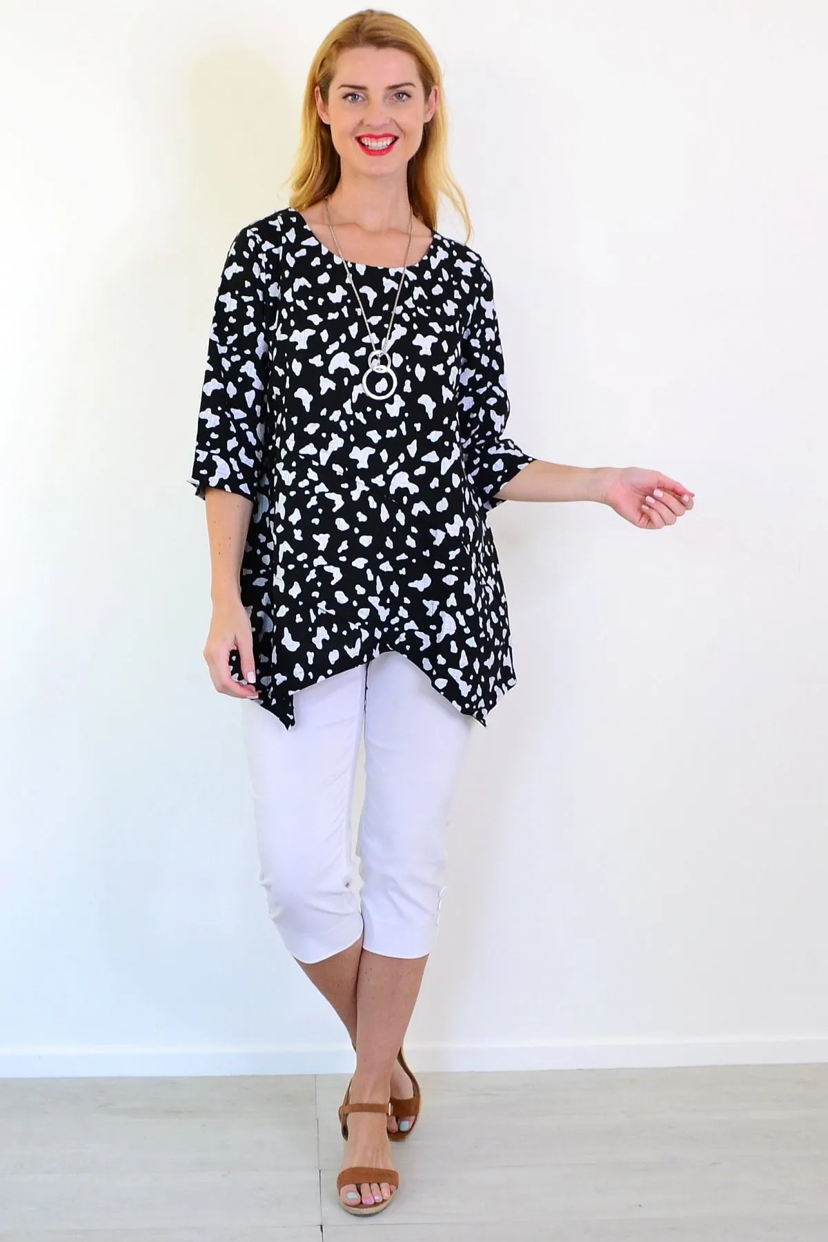 White Paint Splash Linen Blend Tunic Top