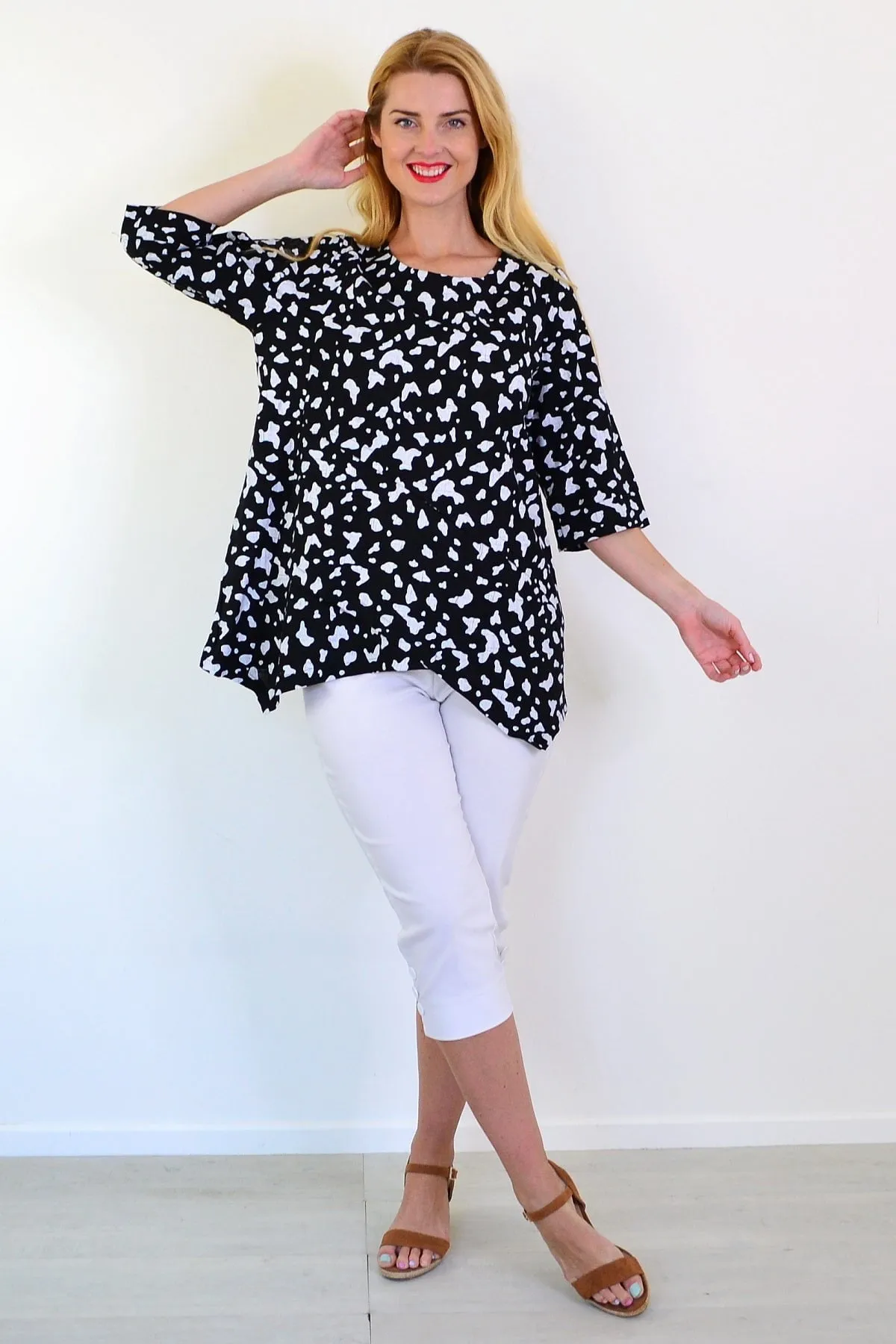 White Paint Splash Linen Blend Tunic Top