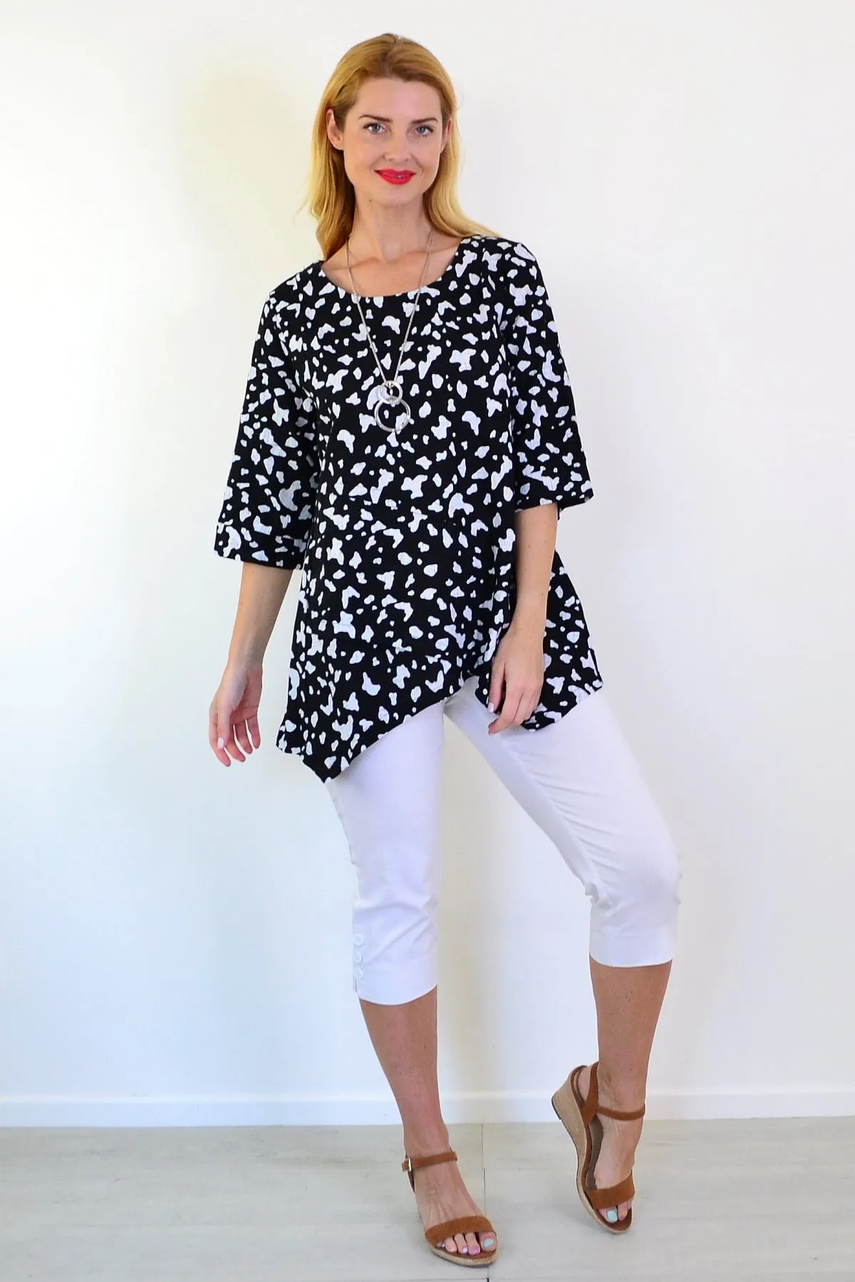 White Paint Splash Linen Blend Tunic Top