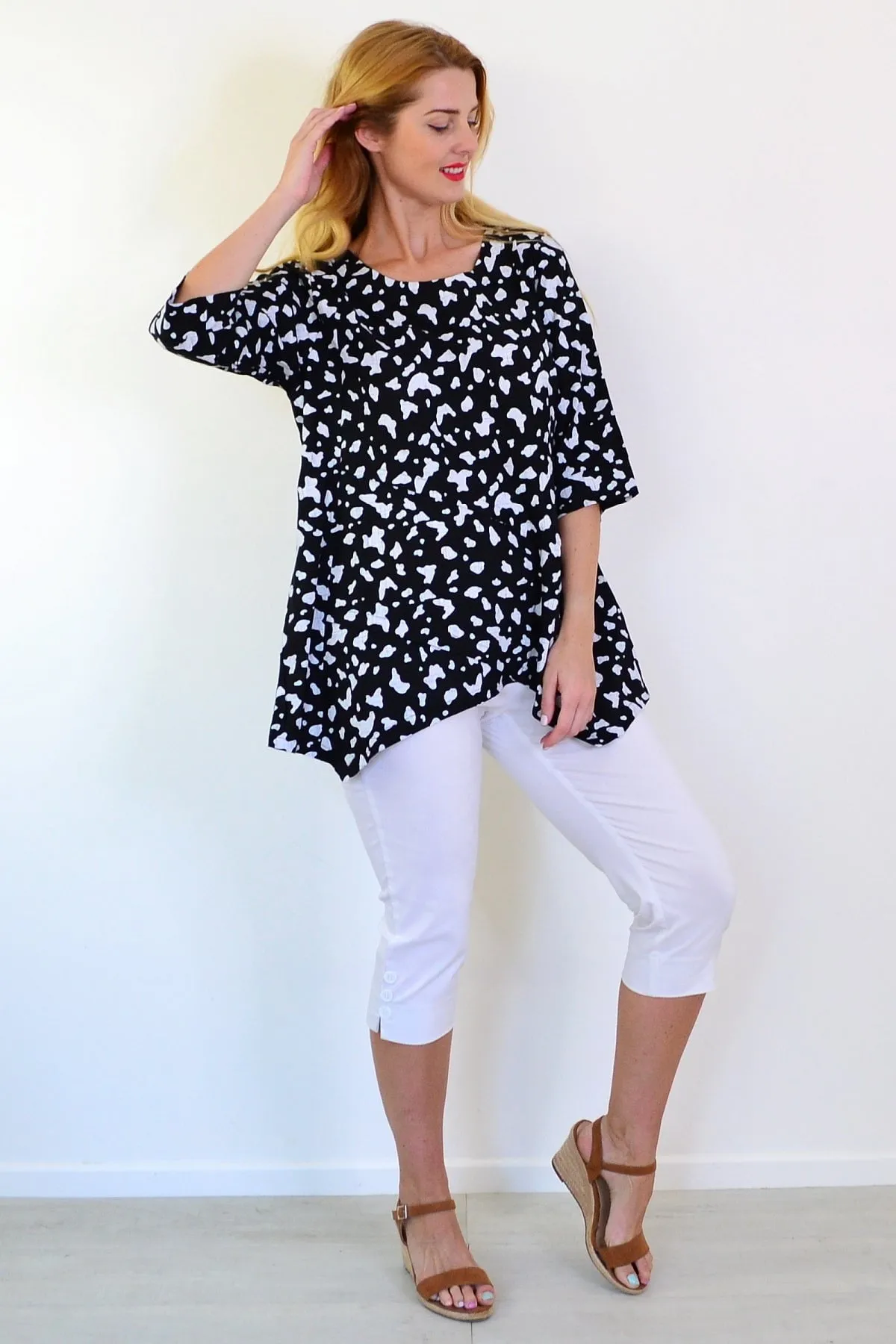 White Paint Splash Linen Blend Tunic Top