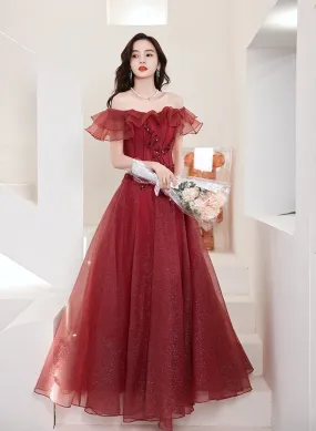 Wine Red Tulle Off Shoulder Long Party Dress, Wine Red A-line Prom Dress