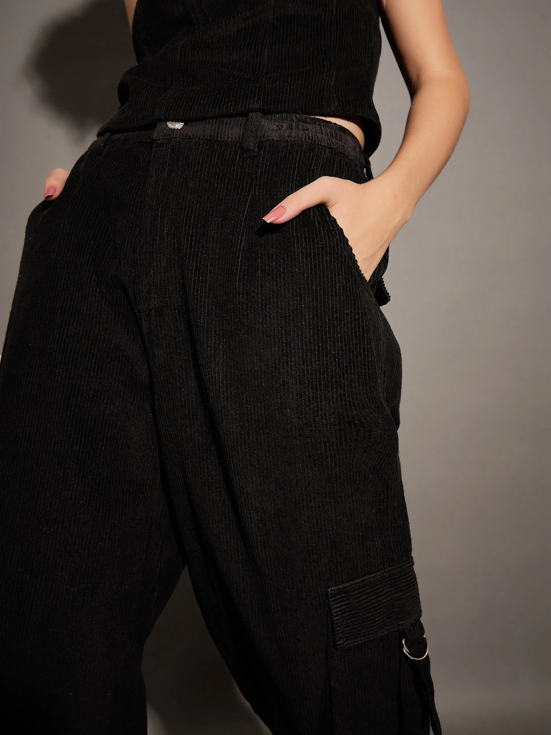 Women Black Corduroy Multi Pocket Cargo Pants