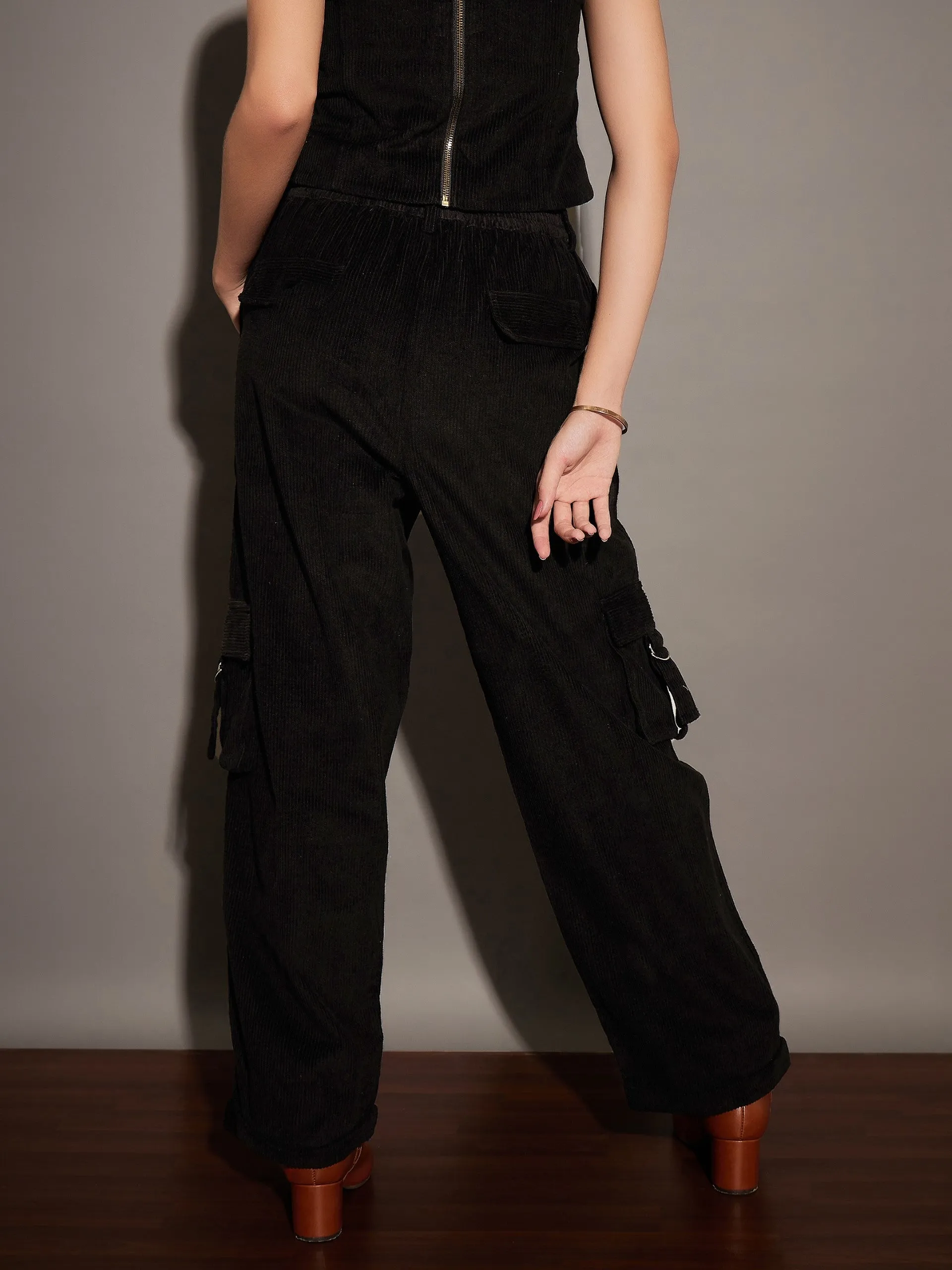 Women Black Corduroy Multi Pocket Cargo Pants